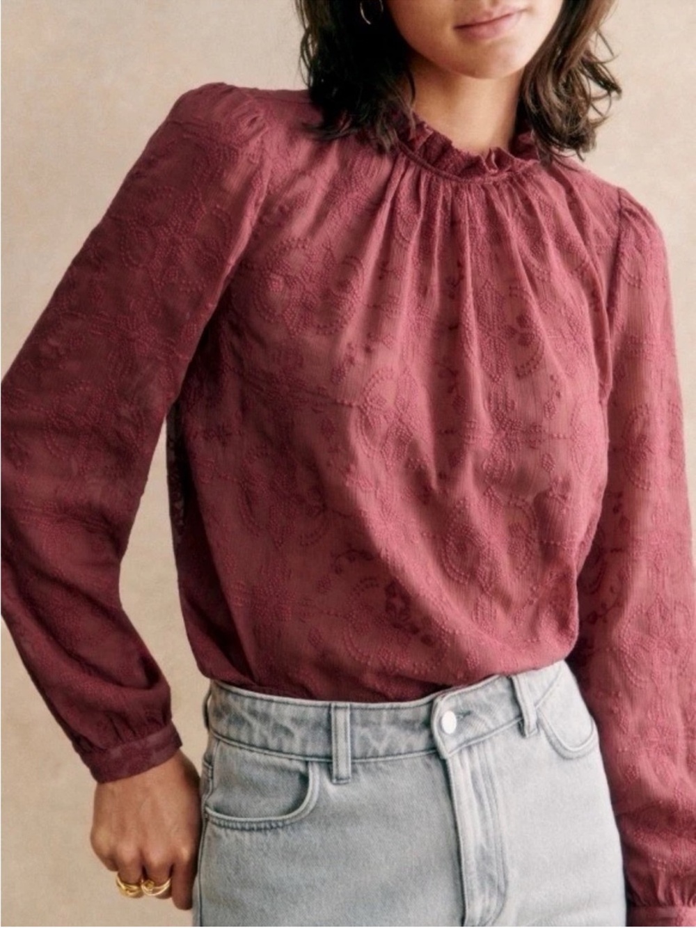 Sezane Valentine Blouse Blush Pink Floral Ruffle Neck Long Sleeve